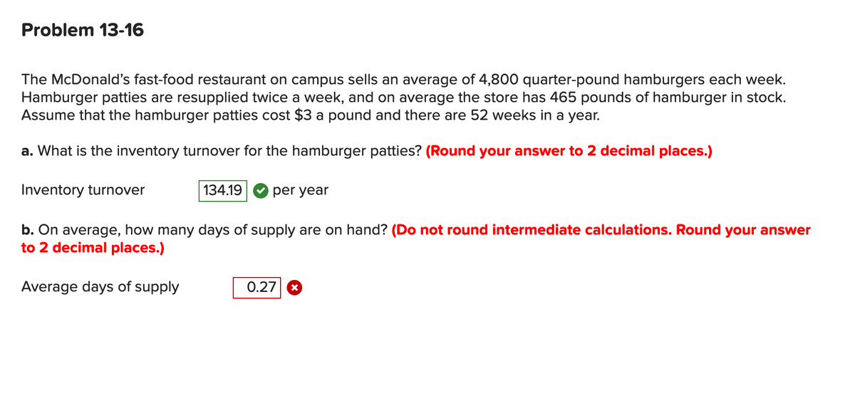 Problem 13-16
The McDonald's fast-food restaurant on campus sells an average of 4,800 quarter-pound hamburgers each week.
Hamburger patties are resupplied twice a week, and on average the store has 465 pounds of hamburger in stock.
Assume that the hamburger patties cost $3 a pound and there are 52 weeks in a year.
a. What is the inventory turnover for the hamburger patties? (Round your answer to 2 decimal places.)
Inventory turnover
134.19
per year
b. On average, how many days of supply are on hand? (Do not round intermediate calculations. Round your answer
to 2 decimal places.)
Average days of supply
0.27
