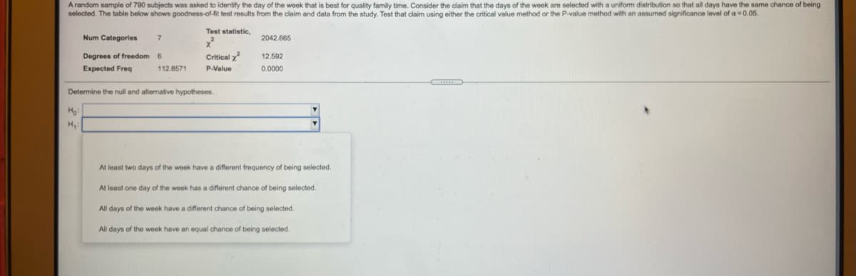 A random sample of 790 subjects was asked to identify the day of the week that is best for quality family time. Consider the claim that the days of the week are selected with a uniform distribution so that all days have the same chance of being
selected. The table below shows goodness-of-fit test results from the claim and data from the study. Test that claim using either the critical value method or the P-value method with an assumed significance level of a =0.05.
Test statistic,
Num Categories
7
2042.665
Degrees of freedom 6
Critical y
12.592
Expected Freq
112.8571
P.Value
0.0000
Determine the null and altemative hypotheses.
Họ
H,
At least two days of the week have a different frequency of being selected.
At least one day of the week has a different chance of being selected.
All days of the week have a different chance of being selected.
All days of the week have an equal chance of being selected.
