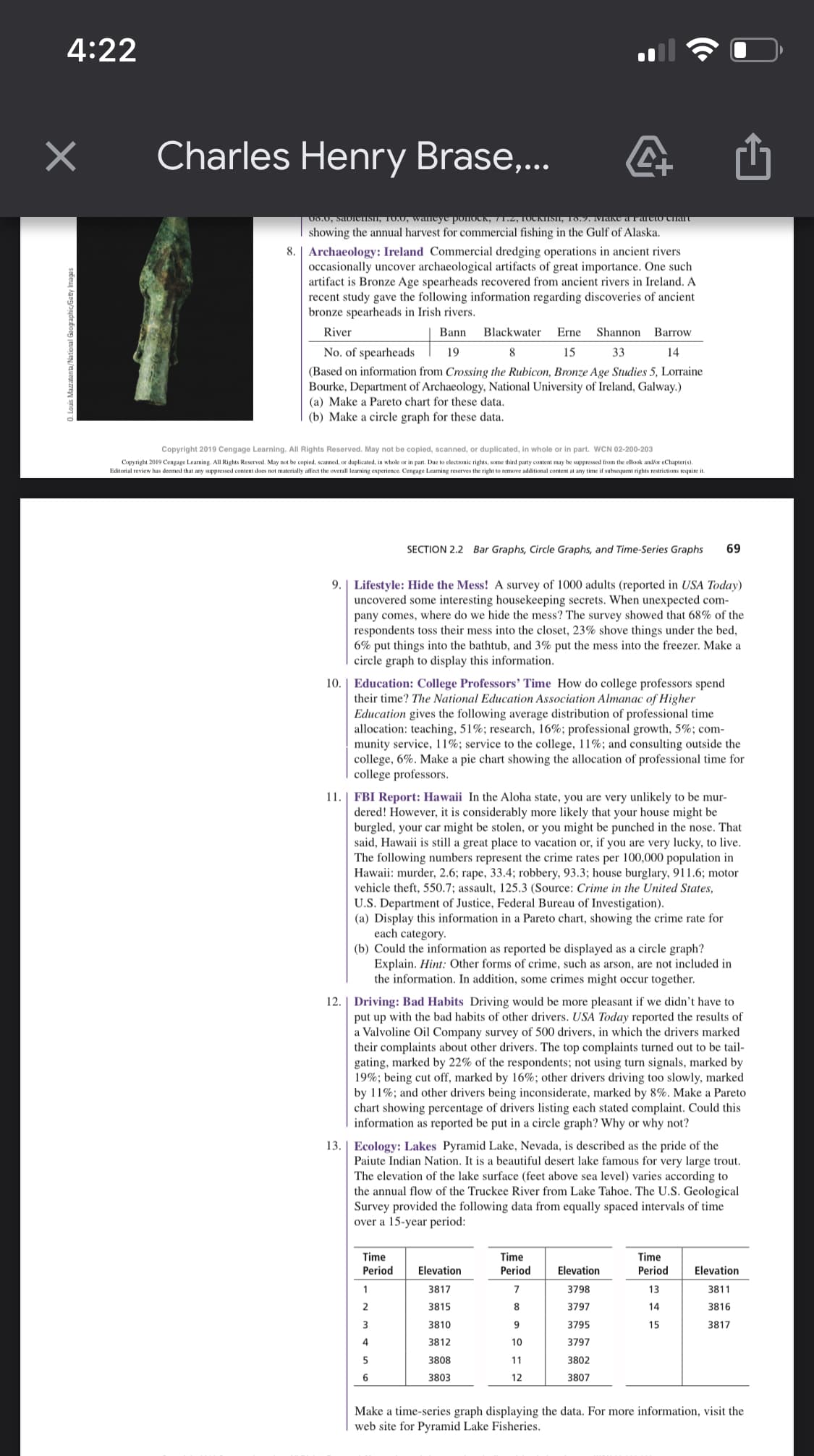 4:22
×
Charles Henry Brase,...
Tarcio chart
06.0, Sabichish, 10.0, waneye ponock, /1.2, TOCKIISHI, 10.7. Make
showing the annual harvest for commercial fishing in the Gulf of Alaska.
8. Archaeology: Ireland Commercial dredging operations in ancient rivers
occasionally uncover archaeological artifacts of great importance. One such
artifact is Bronze Age spearheads recovered from ancient rivers in Ireland. A
recent study gave the following information regarding discoveries of ancient
bronze spearheads in Irish rivers.
River
Barrow
14
Bann Blackwater Erne Shannon
No. of spearheads 19
8
15 33
(Based on information from Crossing the Rubicon, Bronze Age Studies 5, Lorraine
Bourke, Department of Archaeology, National University of Ireland, Galway.)
(a) Make a Pareto chart for these data.
(b) Make a circle graph for these data.
Copyright 2019 Cengage Learning. All Rights Reserved. May not be copied, scanned, or duplicated, in whole or in part. WCN 02-200-203
Copyright 2019 Cengage Learning. All Rights Reserved. May not be copied, scanned, or duplicated, in whole or in part. Due to electronic rights, some third party content may be suppressed from the eBook and/or eChapter(s).
Editorial review has deemed that any suppressed content does not materially affect the overall learning experience. Cengage Learning reserves the right to remove additional content at any time if subsequent rights restrictions require it.
9.
4
SECTION 2.2 Bar Graphs, Circle Graphs, and Time-Series Graphs 69
Lifestyle: Hide the Mess! A survey of 1000 adults (reported in USA Today)
uncovered some interesting housekeeping secrets. When unexpected com-
pany comes, where do we hide the mess? The survey showed that 68% of the
respondents toss their mess into the closet, 23% shove things under the bed,
6% put things into the bathtub, and 3% put the mess into the freezer. Make a
circle graph to display this information.
10. Education: College Professors' Time How do college professors spend
their time? The National Education Association Almanac of Higher
Education gives the following average distribution of professional time
allocation: teaching, 51%; research, 16%; professional growth, 5%; com-
munity service, 11%; service to the college, 11%; and consulting outside the
college, 6%. Make a pie chart showing the allocation of professional time for
college professors.
11. FBI Report: Hawaii In the Aloha state, you are very unlikely to be mur-
dered! However, it is considerably more likely that your house might be
burgled, your car might be stolen, or you might be punched in the nose. That
said, Hawaii is still a great place to vacation or, if you are very lucky, to live.
The following numbers represent the crime rates per 100,000 population in
Hawaii: murder, 2.6; rape, 33.4; robbery, 93.3; house burglary, 911.6; motor
vehicle theft, 550.7; assault, 125.3 (Source: Crime in the United States,
U.S. Department of Justice, Federal Bureau of Investigation).
(a) Display this information in a Pareto chart, showing the crime rate for
each category.
(b) Could the information as reported be displayed as a circle graph?
Explain. Hint: Other forms of crime, such as arson, are not included in
the information. In addition, some crimes might occur together.
12. Driving: Bad Habits Driving would be more pleasant if we didn't have to
put up with the bad habits of other drivers. USA Today reported the results of
a Valvoline Oil Company survey of 500 drivers, in which the drivers marked
their complaints about other drivers. The top complaints turned out to be tail-
gating, marked by 22% of the respondents; not using turn signals, marked by
19%; being cut off, marked by 16%; other drivers driving too slowly, marked
by 11%; and other drivers being inconsiderate, marked by 8%. Make a Pareto
chart showing percentage of drivers listing each stated complaint. Could this
information as reported be put in a circle graph? Why or why not?
13. | Ecology: Lakes Pyramid Lake, Nevada, is described as the pride of the
Paiute Indian Nation. It is a beautiful desert lake famous for very large trout.
The elevation of the lake surface (feet above sea level) varies according to
the annual flow of the Truckee River from Lake Tahoe. The U.S. Geological
Survey provided the following data from equally spaced intervals of time
over a 15-year period:
Time
Period Elevation
1
2
3
4
5
6
3817
3815
3810
3812
3808
3803
Time
Period
7
8
9
10
11
12
Elevation
3798
3797
3795
3797
3802
3807
Time
Period
13
14
15
Elevation
3811
3816
3817
Make a time-series graph displaying the data. For more information, visit the
web site for Pyramid Lake Fisheries.