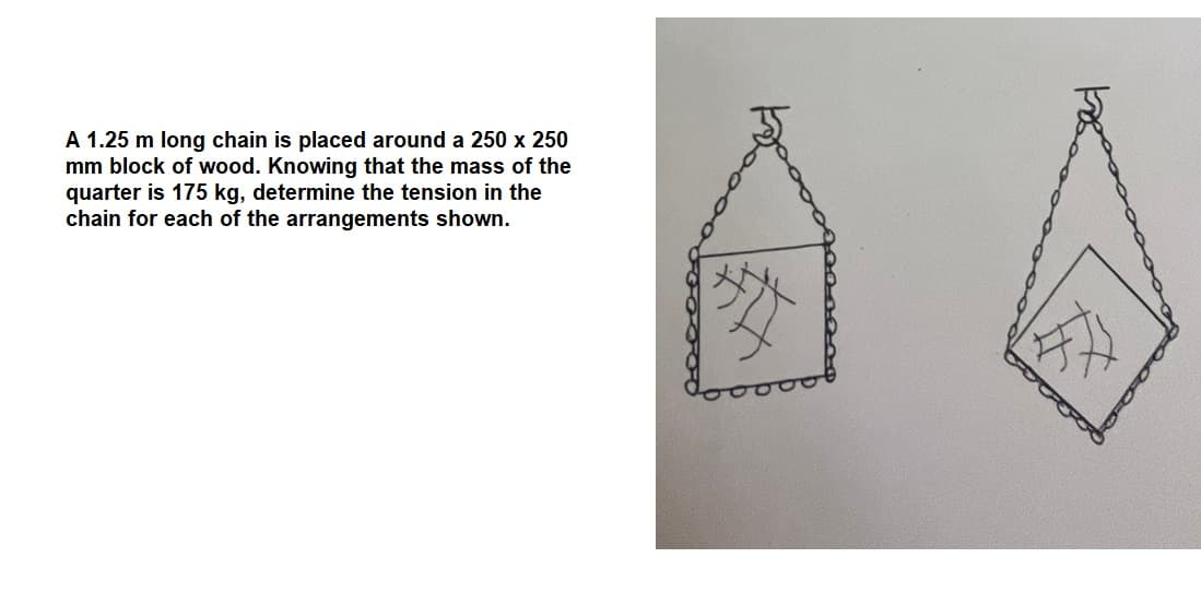 A 1.25 m long chain is placed around a 250 x 250
mm block of wood. Knowing that the mass of the
quarter is 175 kg, determine the tension in the
chain for each of the arrangements shown.
A