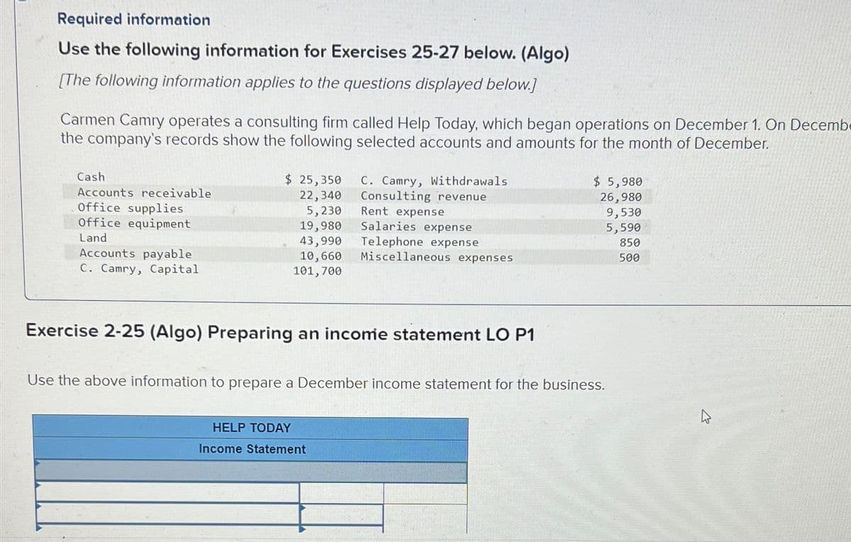 Required information
Use the following information for Exercises 25-27 below. (Algo)
[The following information applies to the questions displayed below.]
Carmen Camry operates a consulting firm called Help Today, which began operations on December 1. On Decemb
the company's records show the following selected accounts and amounts for the month of December.
Cash
Accounts receivable
Office supplies
Office equipment
Land
Accounts payable
C. Camry, Capital
$ 25,350
C. Camry, Withdrawals
$ 5,980
22,340
Consulting revenue
26,980
5,230
Rent expense
9,530
19,980
Salaries expense
5,590
43,990
Telephone expense
850
10,660
Miscellaneous expenses
500
101,700
Exercise 2-25 (Algo) Preparing an income statement LO P1
Use the above information to prepare a December income statement for the business.
HELP TODAY
Income Statement