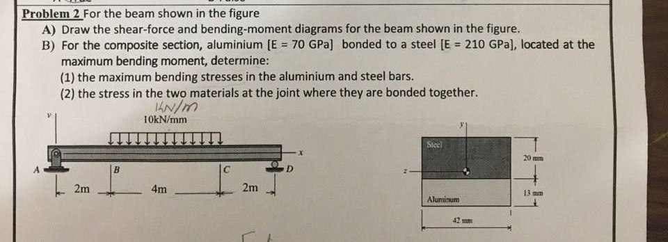 Problem 2 For the beam shown in the figure
A) Draw the shear-force and bending-moment diagrams for the beam shown in the figure.
B) For the composite section, aluminium [E = 70 GPa] bonded to a steel [E = 210 GPa], located at the
maximum bending moment, determine:
(1) the maximum bending stresses in the aluminium and steel bars.
(2) the stress in the two materials at the joint where they are bonded together.
K4N/M
2m
B
10kN/mm
4m
2m
D
Steel
Aluminum
42mm
20 mm
13 mm
