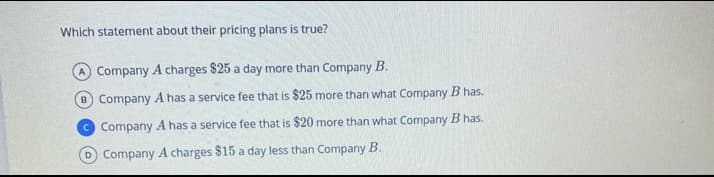 Which statement about their pricing plans is true?
Company A charges $25 a day more than Company B.
B Company A has a service fee that is $25 more than what Company B has.
C Company A has a service fee that is $20 more than what Company B has.
D Company A charges $15 a day less than Company B.
