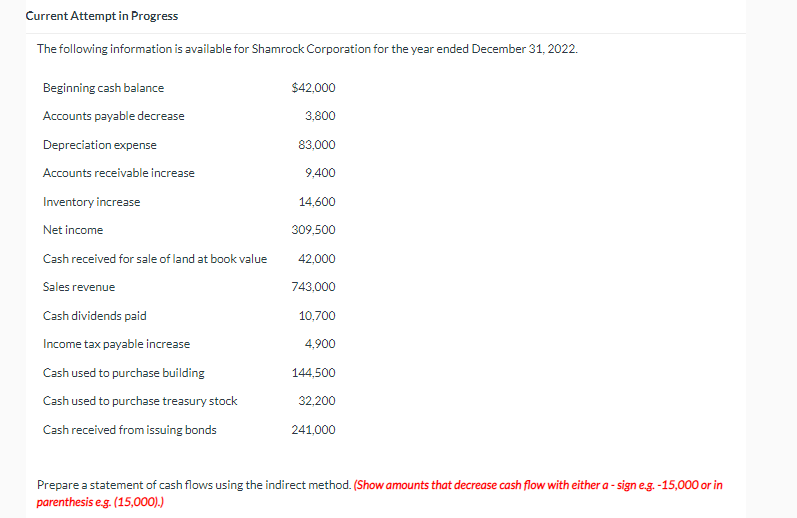 Current Attempt in Progress
The following information is available for Shamrock Corporation for the year ended December 31, 2022.
Beginning cash balance
Accounts payable decrease
Depreciation expense
Accounts receivable increase
Inventory increase
Net income
Cash received for sale of land at book value
Sales revenue
Cash dividends paid
Income tax payable increase
Cash used to purchase building
Cash used to purchase treasury stock
Cash received from issuing bonds
$42,000
3,800
83,000
9,400
14,600
309,500
42,000
743,000
10,700
4,900
144,500
32,200
241,000
Prepare a statement of cash flows using the indirect method. (Show amounts that decrease cash flow with either a-sign e.g.-15,000 or in
parenthesis e.g. (15,000).)