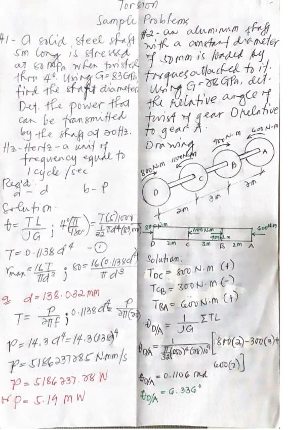 Torsion
Sample Problems
#2-aN alumimm staff
41-a salid steel staft th a ometant drameter
sm Cong is stressed
at so npa when tonistel y50mm is liadid py
Thra 4. Using G 83G trgaesatlorched to it.
fird the staft diameter using G-3R GPA, dit.
Det. he power tha
Can be fansmitted
by the shaf at so2. to gear
fl2-Hertz-a unif f
frequency egude to
the relative argce f
twist fgear
to gead ar Drelahivel
Got N-M
Dm wing
Dra
vao w'N208
Regit d
folution
t= TL
6-P
we
UG J
32
GooNim
T=0.1/3& d4
= 167
goil.m
3m
B 2m A
60= 16 (0 /138d Solutian:
Toc &oN.m (4)
TcB= 300N M (-).
TBA= CuUNim (+)
IITL
DA JG
2 d- 138.032 mm
T=
P= 14.3 qt=14.303gt
P= 518637885 Nimm/s
P= 5186237.W
HP-5.19 mW
A HontG ro(2)-300()+
%3D
0.1106 ad
- G. 336°
