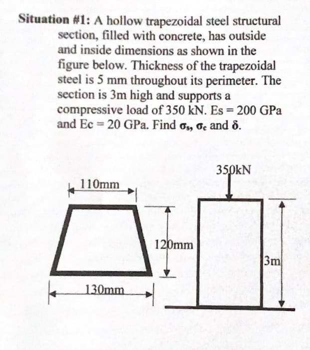 Situation #1: A hollow trapezoidal steel structural
section, filled with concrete, has outside
and inside dimensions as shown in the
figure below. Thickness of the trapezoidal
steel is 5 mm throughout its perimeter. The
section is 3m high and supports a
compressive load of 350 kN. Es = 200 GPa
and Ec = 20 GPa. Find o, Ge and 8.
350kN
110mm
120mm
3m
130mm
