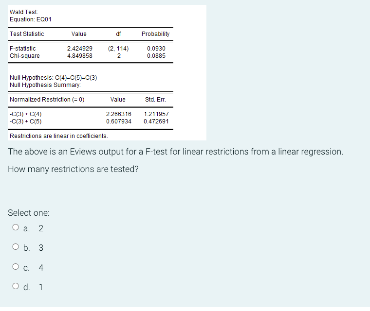 Wald Test:
Equation: EQ01
Test Statistic
F-statistic
Chi-square
Value
2.424929
4.849858
Null Hypothesis: C(4)=C(5)=C(3)
Null Hypothesis Summary:
Select one:
O a. 2
O b. 3
O c. 4
O d. 1
df
(2, 114)
2
Normalized Restriction (= 0)
-C(3) + C(4)
-C(3) + C(5)
Restrictions are linear in coefficients.
The above is an Eviews output for a F-test for linear restrictions from a linear regression.
How many restrictions are tested?
Value
Probability
0.0930
0.0885
2.266316
0.607934
Std. Err.
1.211957
0.472691