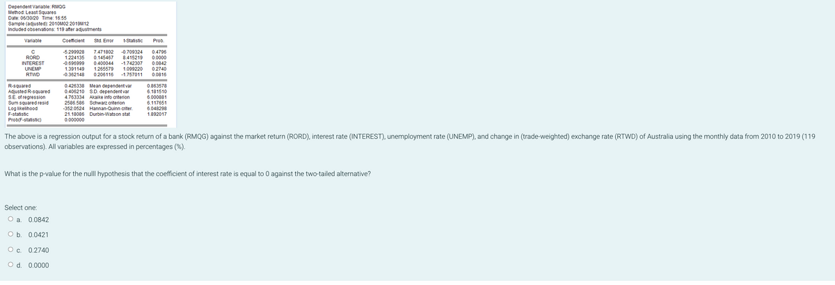Dependent Variable: RMQG
Method: Least Squares
Date: 06/30/20 Time: 16:55
Sample (adjusted): 2010M02 2019M12
Included observations: 119 after adjustments
Coefficient Std. Error t-Statistic
с
-5.299928 7.471802 -0.709324
RORD
1.224135 0.145467 8.415219
INTEREST
-0.696999 0.400044 -1.742307
AM
UNEMP
RTWD
0.426338 Mean dependent var
Adjusted R-squared.
0.406210 S.D. dependent var
S.E. of regression
4.763334 Akaike info criterion
Sum squared resid
2586.586 Schwarz criterion
-352.0524 Hannan-Quinn criter.
21.18086 Durbin-Watson stat
0.000000
Variable
R-squared
Log likelihood
F-statistic
Prob(F-statistic)
Prob.
Select one:
0.4796
0.0000
0.0842
1.391149 1.265579 1.099220 0.2740
-0.362148 0.206116 -1.757011 0.0816
The above is a regression output for a stock return of a bank (RMQG) against the market return (RORD), interest rate (INTEREST), unemployment rate (UNEMP), and change in (trade-weighted) exchange rate (RTWD) of Australia using the monthly data from 2010 to 2019 (119
observations). All variables are expressed in percentages (%).
a. 0.0842
O b. 0.0421
O C.
0.2740
O d. 0.0000
0.863578
6.181510
6.000881
6.117651
6.048298
1.892017
What is the p-value for the nulll hypothesis that the coefficient of interest rate is equal to 0 ainst the two-tailed alternative?