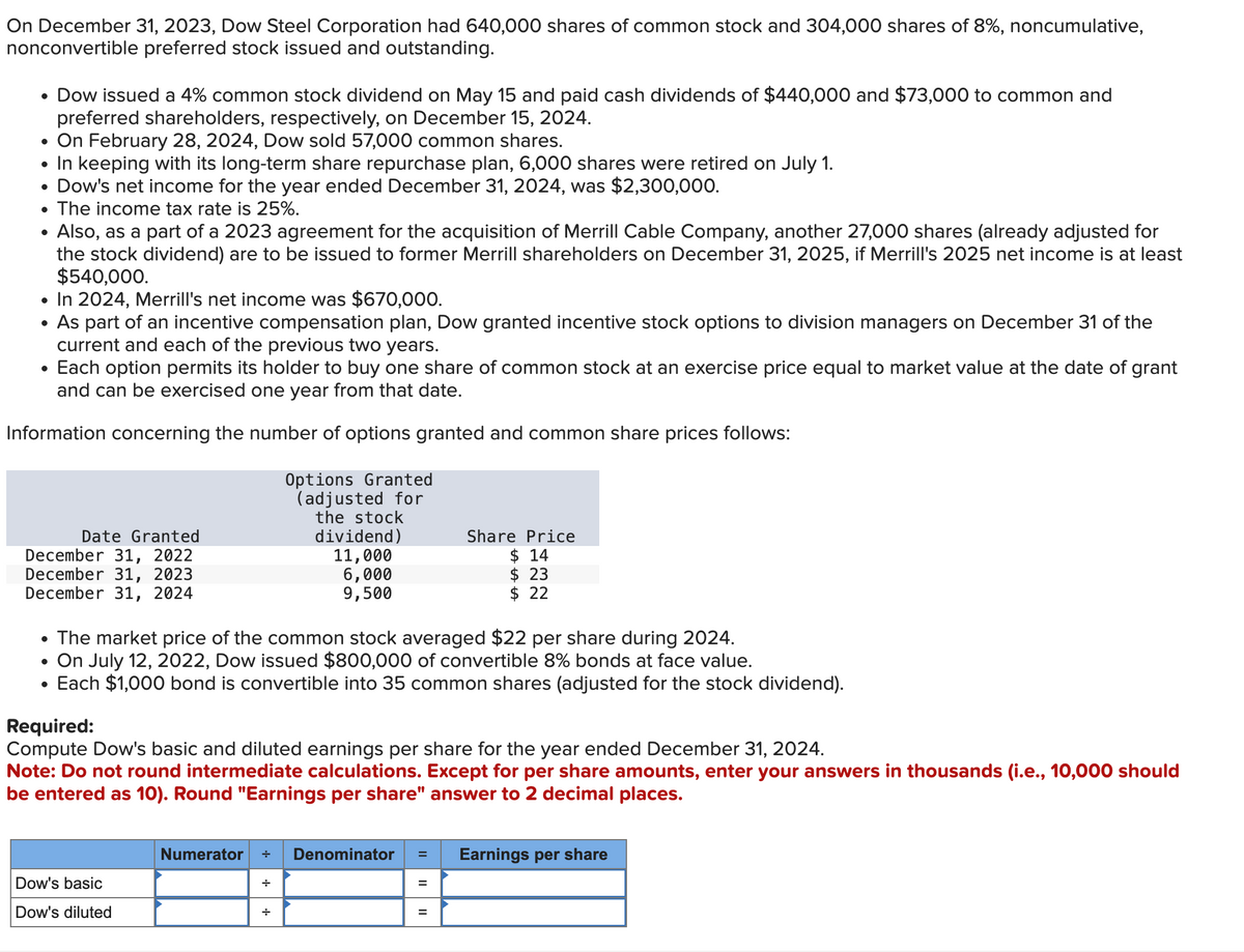 On December 31, 2023, Dow Steel Corporation had 640,000 shares of common stock and 304,000 shares of 8%, noncumulative,
nonconvertible preferred stock issued and outstanding.
• Dow issued a 4% common stock dividend on May 15 and paid cash dividends of $440,000 and $73,000 to common and
preferred shareholders, respectively, on December 15, 2024.
• On February 28, 2024, Dow sold 57,000 common shares.
• In keeping with its long-term share repurchase plan, 6,000 shares were retired on July 1.
Dow's net income for the year ended December 31, 2024, was $2,300,000.
• The income tax rate is 25%.
Also, as a part of a 2023 agreement for the acquisition of Merrill Cable Company, another 27,000 shares (already adjusted for
the stock dividend) are to be issued to former Merrill shareholders on December 31, 2025, if Merrill's 2025 net income is at least
$540,000.
●
In 2024, Merrill's net income was $670,000.
As part of an incentive compensation plan, Dow granted incentive stock options to division managers on December 31 of the
current and each of the previous two years.
Each option permits its holder to buy one share of common stock at an exercise price equal to market value at the date of grant
and can be exercised one year from that date.
Information concerning the number of options granted and common share prices follows:
●
●
●
Date Granted
December 31, 2022
December 31, 2023
December 31, 2024
Options Granted
(adjusted for
the stock
dividend)
11,000
6,000
9,500
• The market price of the common stock averaged $22 per share during 2024.
On July 12, 2022, Dow issued $800,000 of convertible 8% bonds at face value.
Each $1,000 bond is convertible into 35 common shares (adjusted for the stock dividend).
Required:
Compute Dow's basic and diluted earnings per share for the year ended December 31, 2024.
Dow's basic
Dow's diluted
Note: Do not round intermediate calculations. Except for per share amounts, enter your answers in thousands (i.e., 10,000 should
be entered as 10). Round "Earnings per share" answer to 2 decimal places.
Share Price
$14
$ 23
$22
+
Numerator + Denominator = Earnings per share
=
II