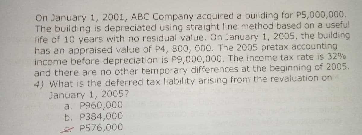 On January 1, 2001, ABC Company acquired a building for P5,000,000.
The building is depreciated using straight line method based on a useful
life of 10 years with no residual value. On January 1, 2005, the building
has an appraised value of P4, 800, 000. The 2005 pretax accounting
income before depreciation is P9,000,000. The income tax rate is 32%
and there are no other temporary differences at the beginning of 2005.
4) What is the deferred tax liability arising from the revaluation on
January 1, 2005?
a. P960,000
b. P384,000
E P576,000
