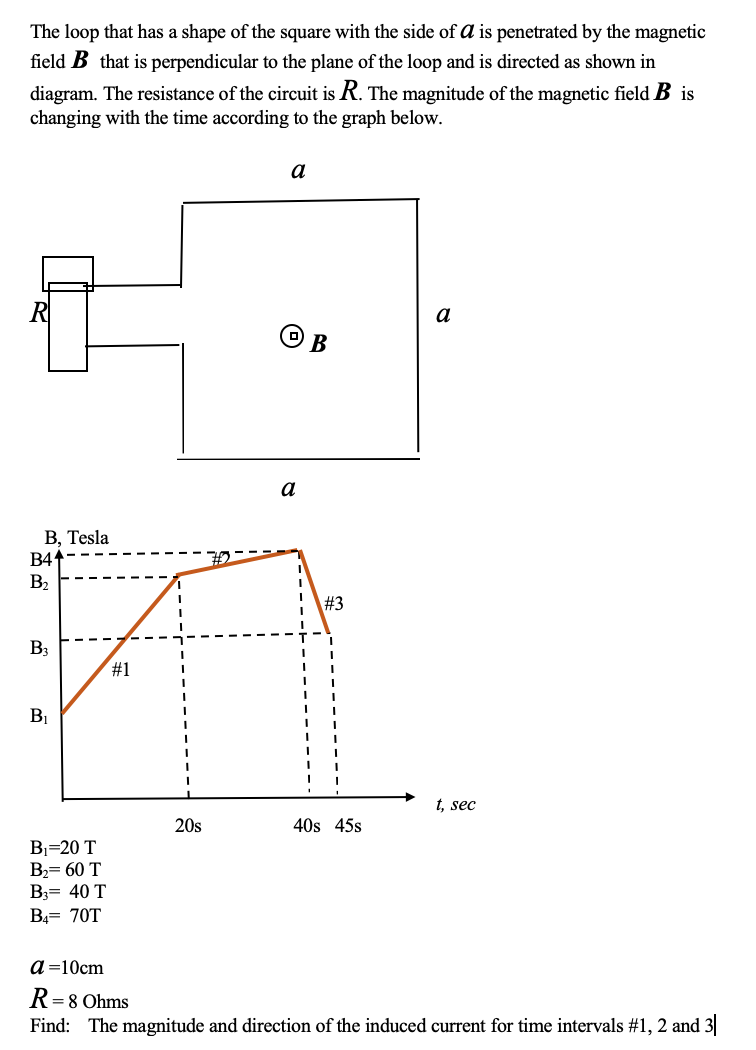 The loop that has a shape of the square with the side of a is penetrated by the magnetic
field B that is perpendicular to the plane of the loop and is directed as shown in
diagram. The resistance of the circuit is R. The magnitude of the magnetic field B is
changing with the time according to the graph below.
a
a
a
В, Тesla
B41
B2
#3
B3
#31
BỊ
t, sec
20s
40s 45s
B=20 T
В%3D 60 T
B3= 40 T
B4= 70T
а-10ст
R=8 Ohms
Find: The magnitude and direction of the induced current for time intervals #1, 2 and 3
