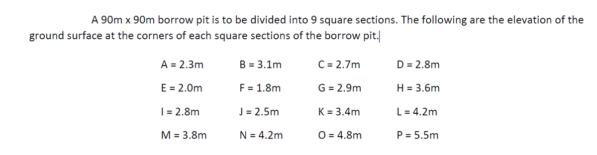 A 90m x 90m borrow pit is to be divided into 9 square sections. The following are the elevation of the
ground surface at the corners of each square sections of the borrow pit.
A = 2.3m
B = 3.1m
C = 2.7m
D = 2.8m
E = 2.0m
F = 1.8m
G = 2.9m
H = 3.6m
| = 2.8m
J = 2.5m
K = 3.4m
L = 4.2m
M = 3.8m
N = 4.2m
O = 4.8m
P = 5.5m
