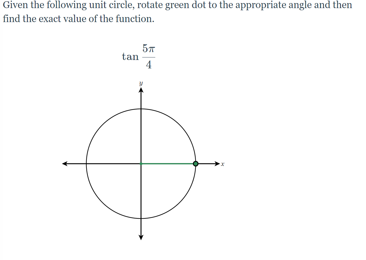 Given the following unit circle, rotate green dot to the appropriate angle and then
find the exact value of the function.
tan
4
