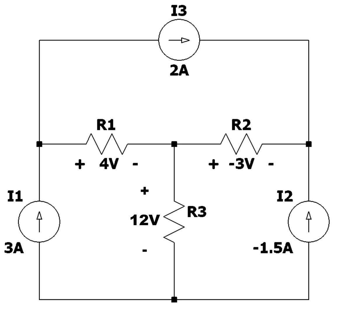 13
2A
R1
R2
+ 4V .
+ -3V
I1
12
R3
↑
12V
ЗА
-1.5A
