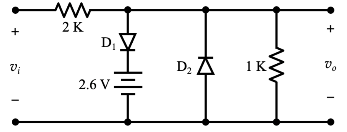 +
Vi
2 K
D₁
2.6 V
D₂ A
1 K
M
+
Vo
I