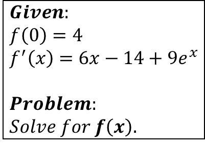 Given:
f (0) = 4
f'(x) = 6x – 14 + 9e*
Problem:
Solve for f(x).
