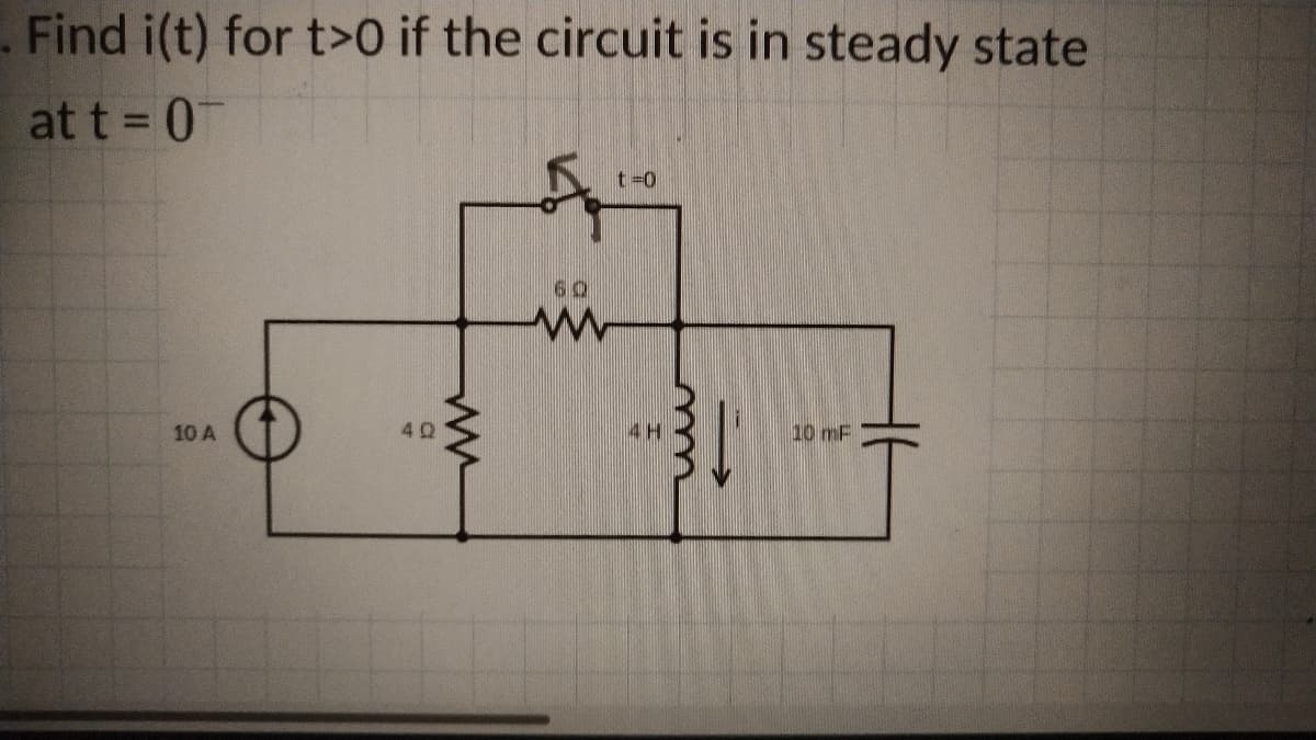 Find i(t) for t>0 if the circuit is in steady state
at t = 0
5170
60
www
10 mF
10 A
4Q
4H
ww