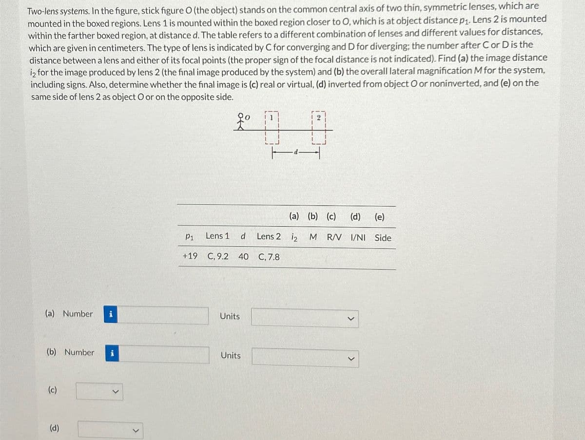 Two-lens systems. In the figure, stick figure O (the object) stands on the common central axis of two thin, symmetric lenses, which are
mounted in the boxed regions. Lens 1 is mounted within the boxed region closer to O, which is at object distance p₁. Lens 2 is mounted
within the farther boxed region, at distance d. The table refers to a different combination of lenses and different values for distances,
which are given in centimeters. The type of lens is indicated by C for converging and D for diverging; the number after C or D is the
distance between a lens and either of its focal points (the proper sign of the focal distance is not indicated). Find (a) the image distance
i2 for the image produced by lens 2 (the final image produced by the system) and (b) the overall lateral magnification M for the system,
including signs. Also, determine whether the final image is (c) real or virtual, (d) inverted from object O or noninverted, and (e) on the
same side of lens 2 as object O or on the opposite side.
(a) Number
(b) Number
(c)
(d)
(a) (b) (c) (d) (e)
P1
Lens 1
d
Lens 2 12
M R/V I/NI Side
+19
C, 9.2
40
C, 7.8
Units
Units
>
>