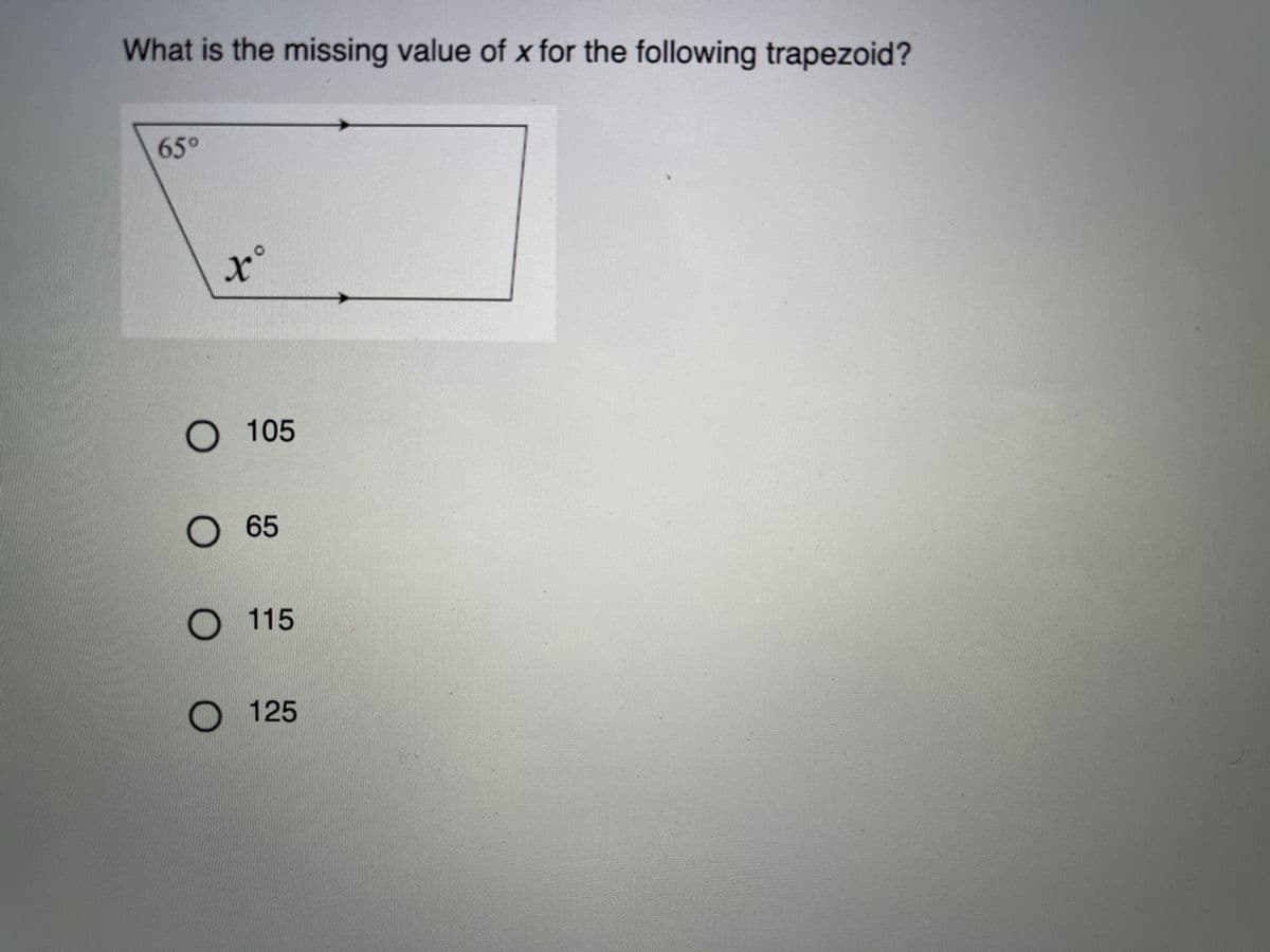 What is the missing value of x for the following trapezoid?
65°
O 105
65
O 115
125
