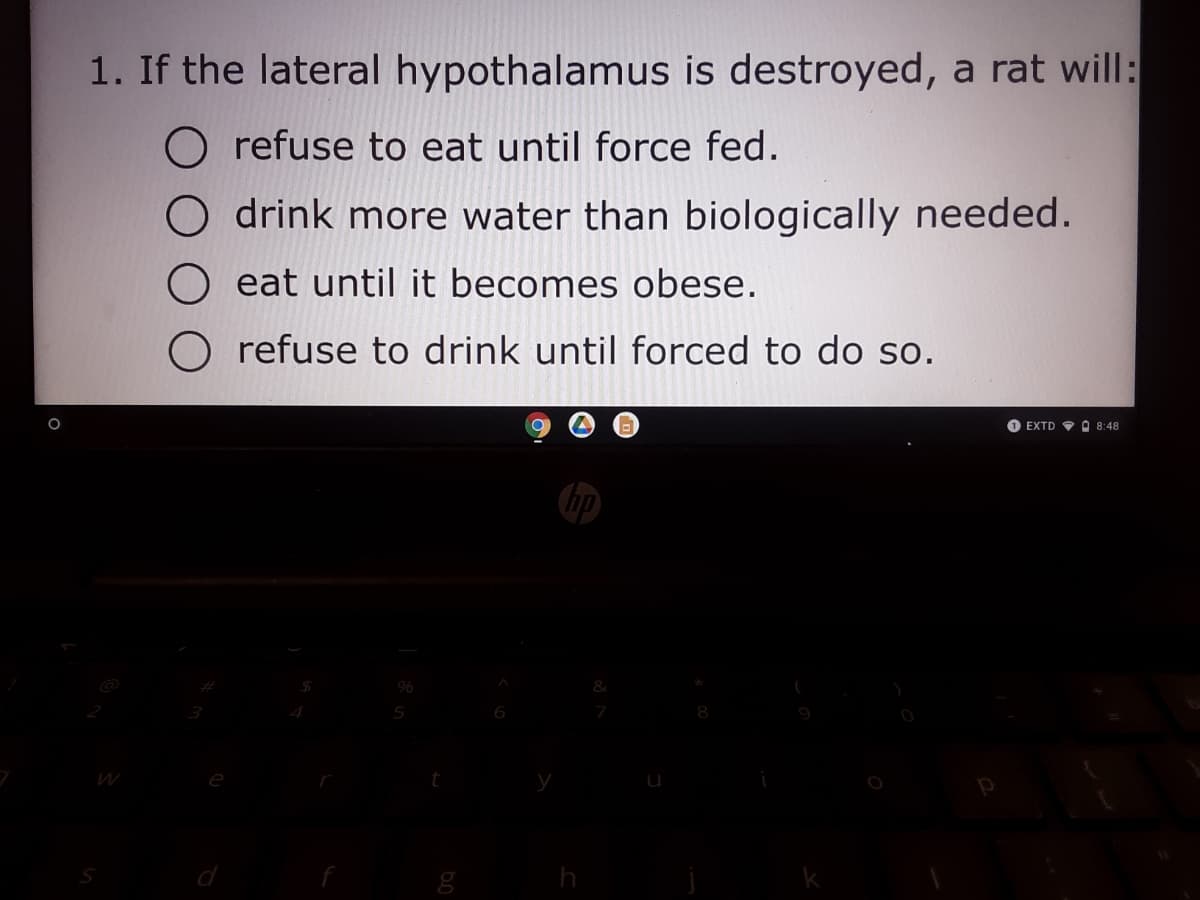 1. If the lateral hypothalamus is destroyed, a rat will:
O refuse to eat until force fed.
O drink more water than biologically needed.
O eat until it becomes obese.
O refuse to drink until forced to do so.
O EXTD 9 O 8:48
