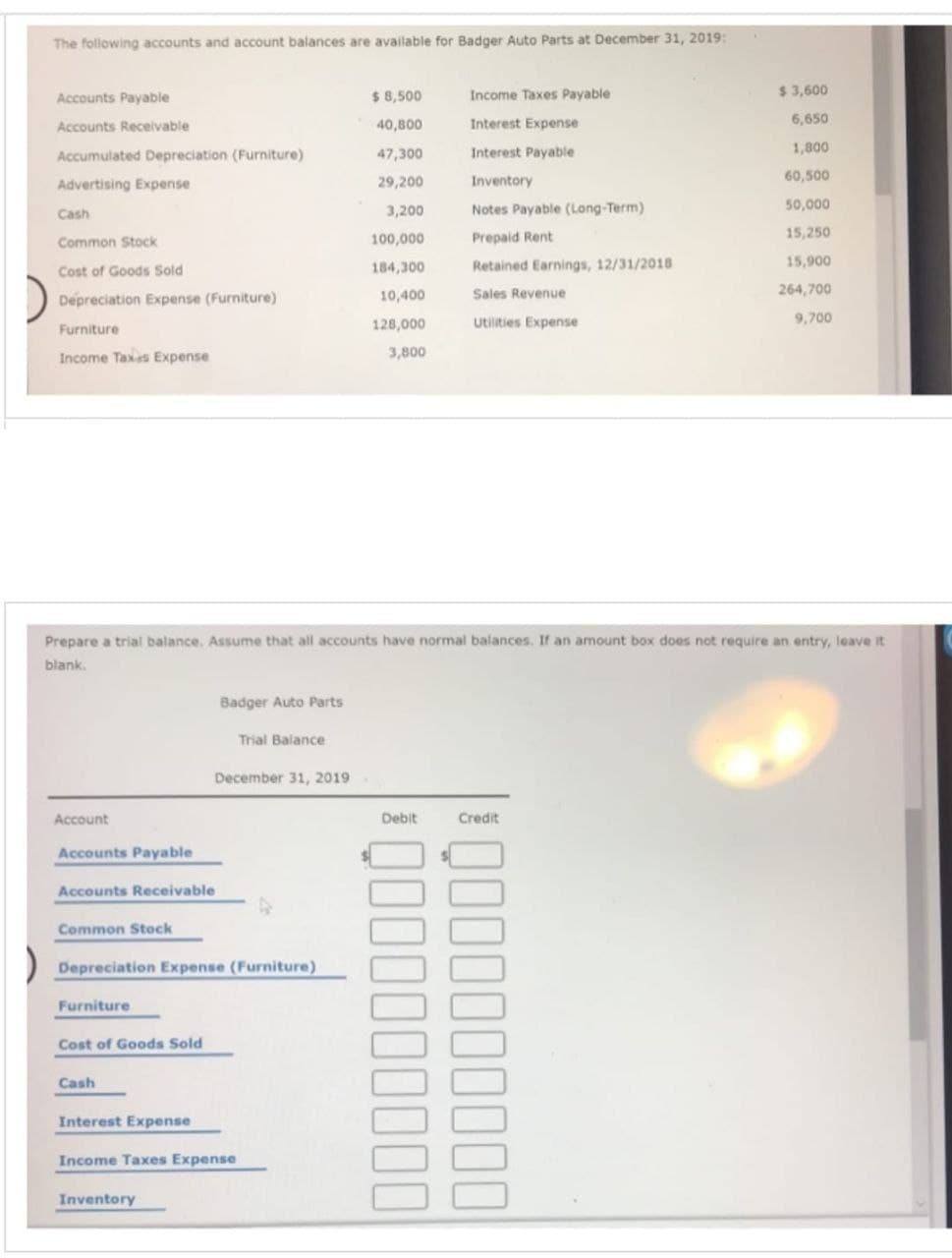 The following accounts and account balances are available for Badger Auto Parts at December 31, 2019:
Accounts Payable
Accounts Receivable
Accumulated Depreciation (Furniture)
Advertising Expense
Cash
Common Stock
Cost of Goods Sold
Depreciation Expense (Furniture)
Furniture
Income Taxes Expense
Account
Accounts Payable
Accounts Receivable
Common Stock
Furniture
Prepare a trial balance. Assume that all accounts have normal balances. If an amount box does not require an entry, leave it
blank.
Cost of Goods Sold
Depreciation Expense (Furniture)
Cash
Badger Auto Parts
Inventory
Trial Balance
December 31, 2019
Interest Expense
Income Taxes Expense
$ 8,500
40,800
47,300
29,200
3,200
100,000
184,300
10,400
128,000
3,800
Income Taxes Payable
Interest Expense
Interest Payable
Inventory
Notes Payable (Long-Term)
Prepaid Rent
Retained Earnings, 12/31/2018
Sales Revenue
Utilities Expense
Debit
Q0000⁰⁰000
| DDDDDDDDDD
$3,600
6,650
1,800
60,500
50,000
15,250
15,900
264,700
9,700