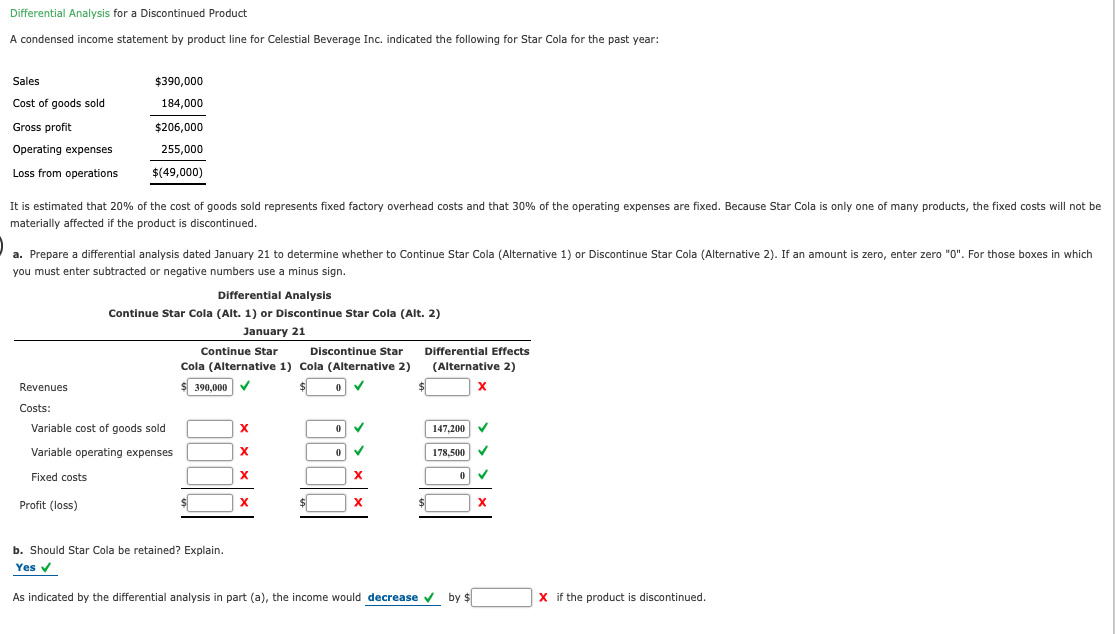 Differential Analysis for a Discontinued Product
A condensed income statement by product line for Celestial Beverage Inc. indicated the following for Star Cola for the past year:
Sales
$390,000
Cost of goods sold
184,000
Gross profit
$206,000
Operating expenses
255,000
Loss from operations
$(49,000)
It is estimated that 20% of the cost of goods sold represents fixed factory overhead costs and that 30% of the operating expenses are fixed. Because Star Cola is only one of many products, the fixed costs will not be
materially affected if the product is discontinued.
a. Prepare a differential analysis dated January 21 to determine whether to Continue Star Cola (Alternative 1) or Discontinue Star Cola (Alternative 2). If an amount is zero, enter zero "0". For those boxes in which
you must enter subtracted or negative numbers use a minus sign.
Differential Analysis
Continue Star Cola (Alt. 1) or Discontinue Star Cola (Alt. 2)
January 21
Continue Star
Discontinue Star
Differential Effects
Cola (Alternative 1) Cola (Alternative 2)
(Alternative 2)
Revenues
$390,000
Costs:
Variable cost of goods sold
147,200
Variable operating expenses
178,500
Fixed costs
Profit (loss)
$
b. Should Star Cola be retained? Explain.
Yes v
As indicated by the differential analysis in part (a), the income would decrease v by $
X if the product is discontinued.
