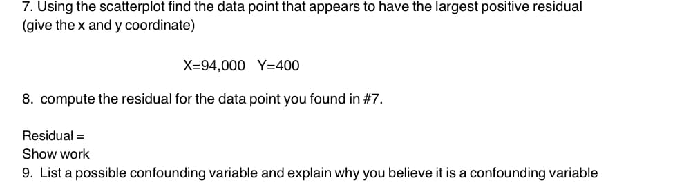 7. Using the scatterplot find the data point that appears to have the largest positive residual
(give the x and y coordinate)
X=94,000 Y=400
8. compute the residual for the data point you found in #7.
Residual =
Show work
9. List a possible confounding variable and explain why you believe it is a confounding variable
