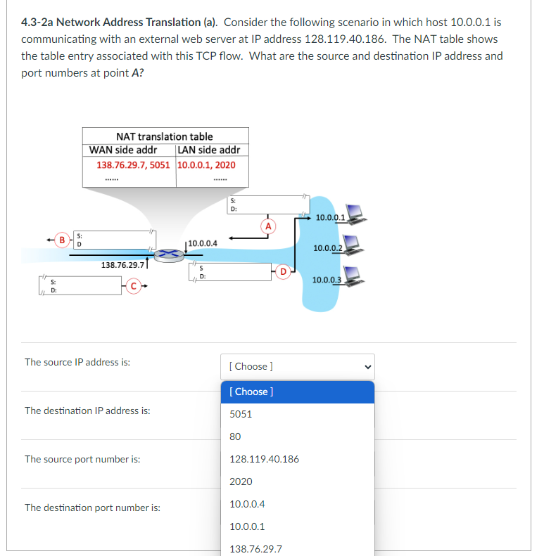 4.3-2a Network Address Translation (a). Consider the following scenario in which host 10.0.0.1 is
communicating with an external web server at IP address 128.119.40.186. The NAT table shows
the table entry associated with this TCP flow. What are the source and destination IP address and
port numbers at point A?
S:
D:
B
S:
D
NAT translation table
WAN side addr
138.76.29.7, 5051 10.0.0.1, 2020
138.76.29.7
The source IP address is:
The destination IP address is:
The source port number is:
LAN side addr
The destination port number is:
10.0.0.4
S
D:
S:
D:
[Choose ]
[Choose]
5051
80
128.119.40.186
2020
10.0.0.4
10.0.0.1
138.76.29.7
10.0.0.1
10.0.0.2
10.0.0.3