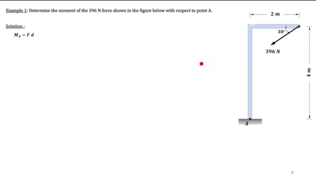 Example 1: Determine the moment of the 396 N force shown in the figure below with respect to point A.
2 т
Solution :
30
MA = F d
396 N
