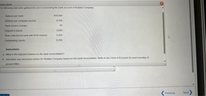 instructions
The following data were gathered to use in reconciling the bank account of Reddan Company
Balance per bank
Balance per company records
Bank service charges
Deposit in transit
Note collected by bank with $120 interest
Outstanding checks
$18,000
9,100
50
2,650
5,250
6,350
Instructions
a What is the adjusted balance on the bank reconciliation?
b. Joumalize any necessary entries for Reddan Company based on the bank reconciliation Refer to the Chart of Accounts for exact wording of
account titles
Previous
Next >