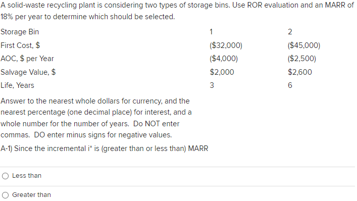 A solid-waste recycling plant is considering two types of storage bins. Use ROR evaluation and an MARR of
18% per year to determine which should be selected.
Storage Bin
First Cost, $
AOC, $ per Year
Salvage Value, $
Life, Years
Answer to the nearest whole dollars for currency, and the
nearest percentage (one decimal place) for interest, and a
whole number for the number of years. Do NOT enter
commas. DO enter minus signs for negative values.
A-1) Since the incremental i* is (greater than or less than) MARR
O Less than
Greater than
1
($32,000)
($4,000)
$2,000
3
2
($45,000)
($2,500)
$2,600
6