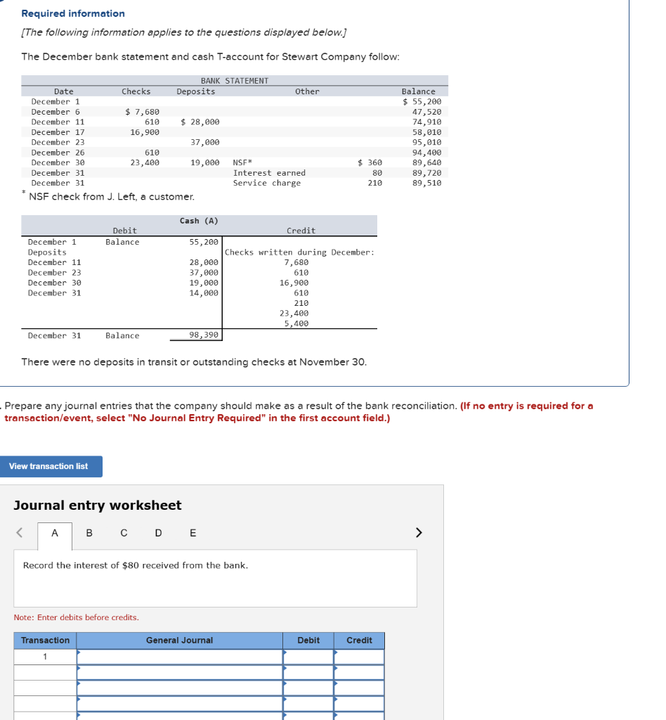 Required information
[The following information applies to the questions displayed below.]
The December bank statement and cash T-account for Stewart Company follow:
Date
December 1
December 6
December 11
December 17
December 23
December 26
December 30
December 31
December 31
*NSF check from J. Left, a customer.
December 1
Deposits
December 11
December 23
December 30
December 31
December 31
Checks
View transaction list
$ 7,680
610
16,900
610
23,400
Debit
Balance
Balance
Transaction
1
Deposits
BANK STATEMENT
$ 28,000
Journal entry worksheet
< A
Note: Enter debits before credits.
37,000
19,000
Cash (A)
55,200
28,000
37,000
19,000
14,000
98,390
B C D E
Other
NSF*
Interest earned
Service charge
There were no deposits in transit or outstanding checks at November 30.
Record the interest of $80 received from the bank.
General Journal
Credit
Checks written during December:
7,680
610
Prepare any journal entries that the company should make as a result of the bank reconciliation. (If no entry is required for a
transaction/event, select "No Journal Entry Required" in the first account field.)
16,900
610
210
23,400
5,400
$360
80
210
Debit
Balance
$ 55,200
47,520
74,910
58,010
95,010
94,400
89,640
Credit
89,720
89,510
>