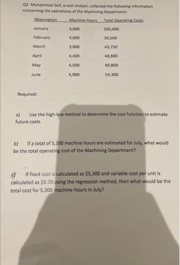 02. Muhammad Seif, a cost analyst, collected the following information
concerning the operations of the Machining Department:
Observation
Machine hours
January
February
March
April
May
June
Required:
4,000
4,600
3,800
4,400
4,500
4,900
a)
future costs.
Total Operating Costs
$45,000
50,500
43,750
48,800
49,800
54,300
the high-low method to determine the cost function to estimat
b) If a total of 5,200 machine hours are estimated for July, what would
be the total operating cost of the Machining Department?
c)
If fixed cost is calculated as $5,300 and variable cost per unit is
calculated as $9.70 using the regression method, then what would be the
total cost for 5,200 machine-hours in July?