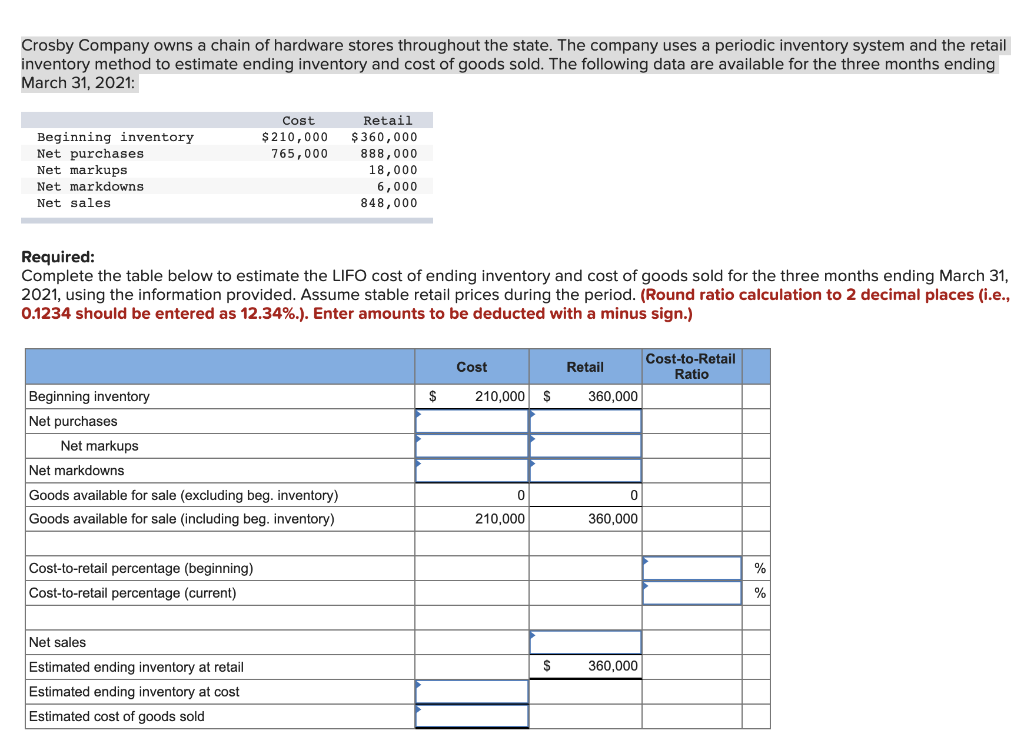 Crosby Company owns a chain of hardware stores throughout the state. The company uses a periodic inventory system and the retail
inventory method to estimate ending inventory and cost of goods sold. The following data are available for the three months ending
March 31, 2021:
Beginning inventory
Net purchases
Net markups
Net markdowns
Net sales
Beginning inventory
Net purchases
Required:
Complete the table below to estimate the LIFO cost of ending inventory and cost of goods sold for the three months ending March 31,
2021, using the information provided. Assume stable retail prices during the period. (Round ratio calculation to 2 decimal places (i.e.,
0.1234 should be entered as 12.34%.). Enter amounts to be deducted with a minus sign.)
Net markups
Cost
$210,000
765,000
Net markdowns
Goods available for sale (excluding beg. inventory)
Goods available for sale (including beg. inventory)
Cost-to-retail percentage (beginning)
Cost-to-retail percentage (current)
Net sales
Estimated ending inventory at retail
Estimated ending inventory at cost
Estimated cost of goods sold
Retail
$360,000
888,000
18,000
6,000
848,000
$
Cost
210,000 $
0
210,000
$
Retail
360,000
0
360,000
360,000
Cost-to-Retail
Ratio
%
%