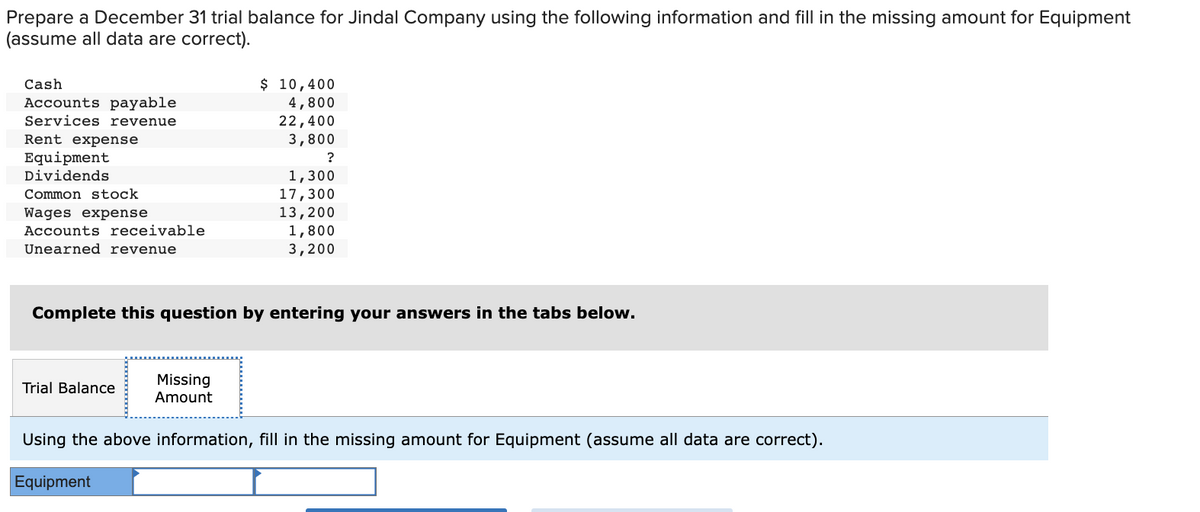 Prepare a December 31 trial balance for Jindal Company using the following information and fill in the missing amount for Equipment
(assume all data are correct).
Cash
Accounts payable
Services revenue
Rent expense
Equipment
Dividends
Common stock
Wages expense
Accounts receivable
Unearned revenue
Complete this question by entering your answers in the tabs below.
Trial Balance
$ 10,400
4,800
22,400
3,800
?
1,300
17,300
13,200
1,800
3,200
Missing
Amount
Using the above information, fill in the missing amount for Equipment (assume all data are correct).
Equipment