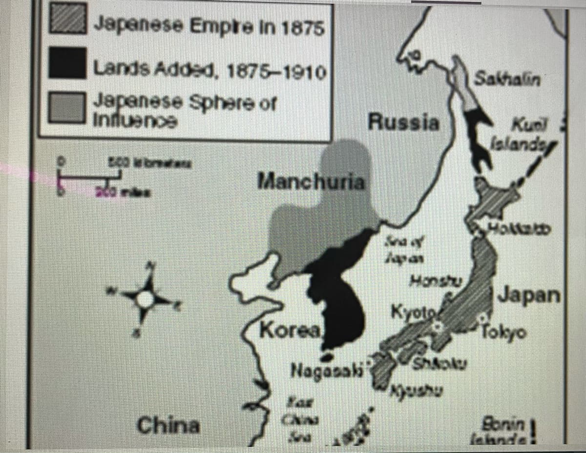 Japanese Empre in 1875
Lands Added, 1875-1910
Sakhalin
Japenese Sphere of
Infuenoe
Russia
Kunl
lalanday
260 w brea
Manchuria
Sna of
Japan
Honshu
Japan
Tokyo
Kyoto
Korea
Nagasaki ShAol
Kyushu
Shaoku
China
Bonin
Iehnde!
