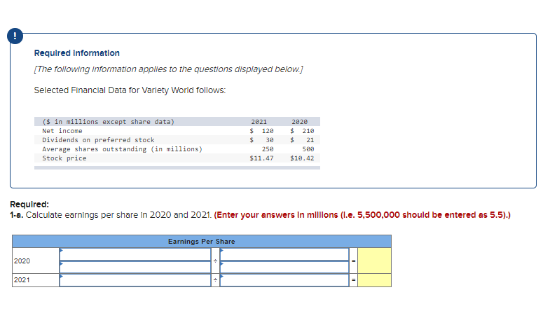 Required Informatlon
[The following Information applies to the questions displayed below.]
Selected Financial Data for Varlety World follows:
($ in millions except share data)
2021
2020
Net income
$ 120
210
Dividends on preferred stock
24
30
21
Average shares outstanding (in millions)
Stock price
250
500
$11.47
$10.42
Required:
1-a. Calculate earnings per share in 2020 and 2021. (Enter your answers In mlllons (I.e. 5,500,000 should be entered as 5.5).)
Earnings Per Share
2020
2021
