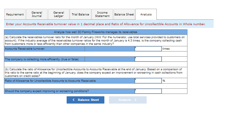 General
Journal
General
Income
Requirement
Trial Balance
Balance Sheet
Аnalysis
Ledger
Statement
Enter your Accounts Receivable turnover value in 1 decimal place and Ratio of Allovance for Uncollectible Accounts in Whole number.
Analyze how well 3D Family Fireworks manages its receivables
(a) Calculate the receivables turnover ratio for the month of January (Hint: For the numerator, use total services provided to customers on
account). If the industry average of the receivables turnover ratios for the month of January is 4.3 times, is the company collecting cash
from customers more or less efficiently than other companies in the same industry?
Accounts Receivable turnover:
times
The company is collecting more efficiently. (true or false)
(b) Calculate the ratio of Allowance for Uncollectible Accounts to Accounts Receivable at the end of January. Based on a comparison of
this ratio to the same ratio at the beginning of January, does the company expect an improvement or worsening in cash collections from
customers on credit sales?
Ratio of Allowance for Uncollectible Accounts to Accounts Receivable
Should the company expect improving or worsening conditions?
< Balance Sheet
Analysis >
