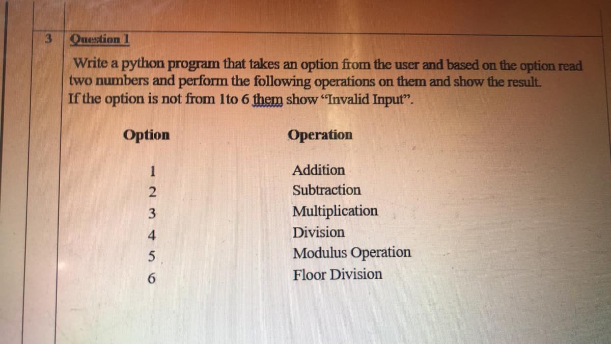 Question 1
Write a python program that takes an option fromn the user and based on the option read
two numbers and perform the following operations on them and show the result.
If the option is not from 1to 6 them show "Invalid Input".
Option
Operation
Addition
Subtraction
Multiplication
Division
Modulus Operation
6.
Floor Division
I23456
