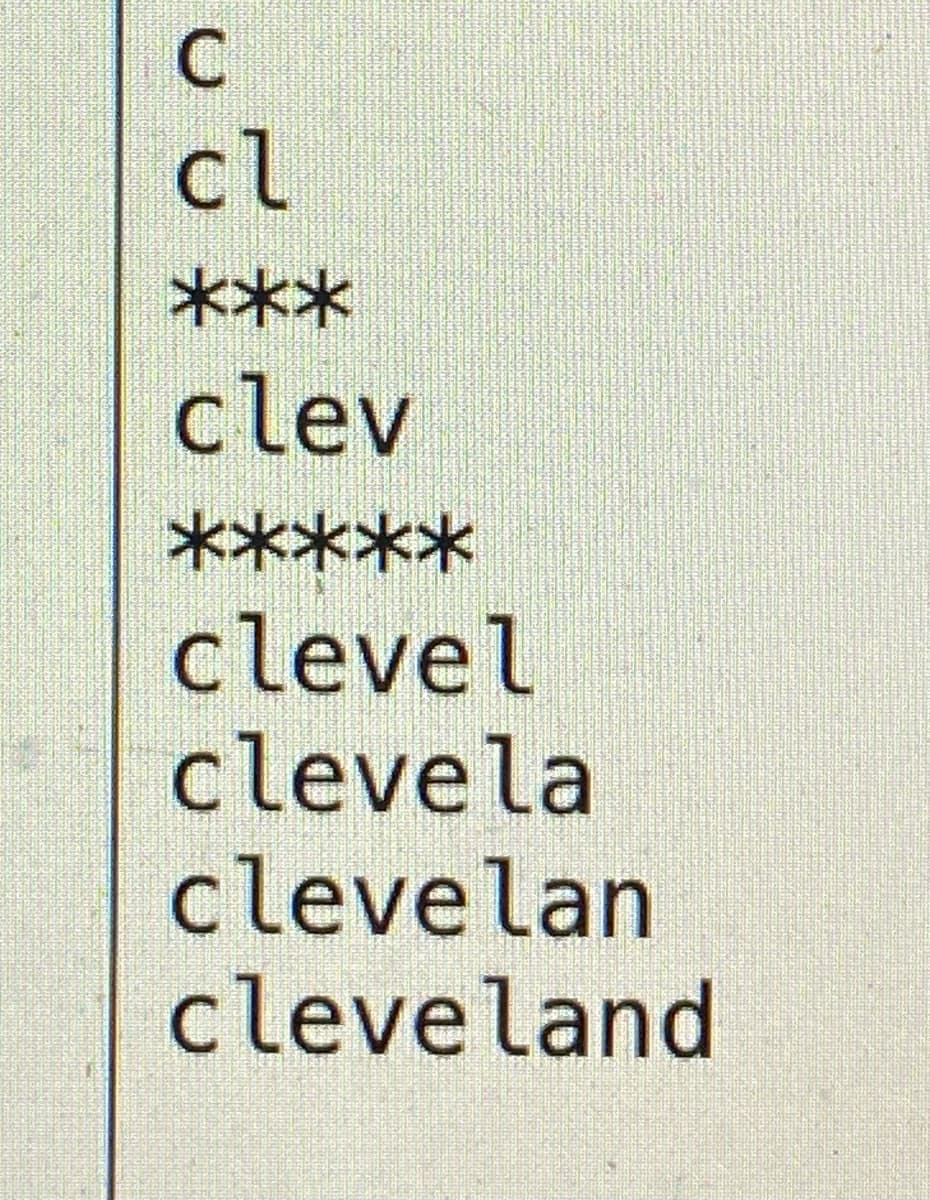 C
cl
***
clev
*****
clevel
clevela
clevelan
cleveland
