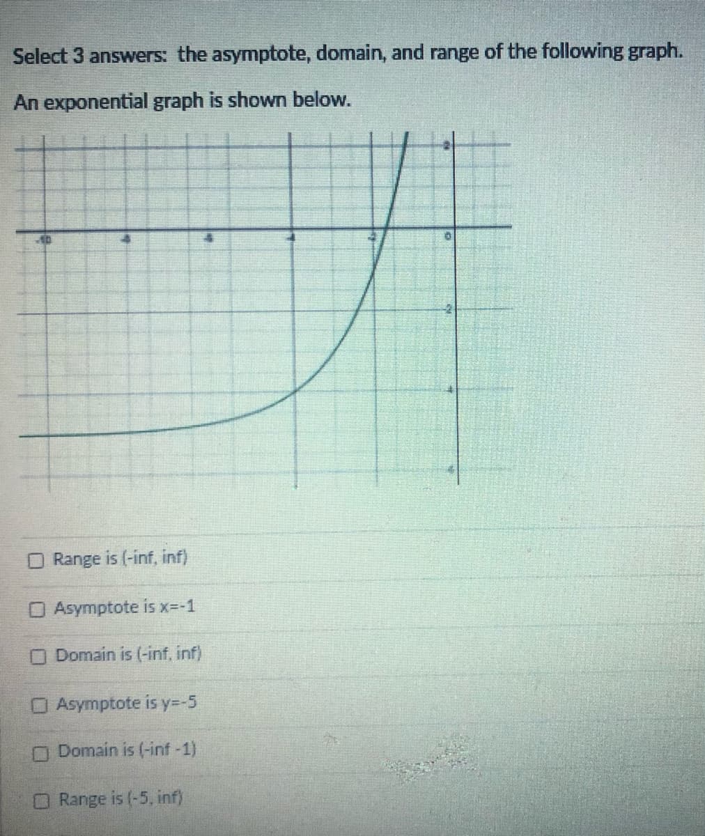 Select 3 answers: the asymptote, domain, and range of the following graph.
An exponential graph is shown below.
Range is (-inf, inf)
O Asymptote is x=-1
O Domain is (-inf, inf)
O Asymptote is y=-5
O Domain is (-inf -1)
O Range is (-5, inf)
