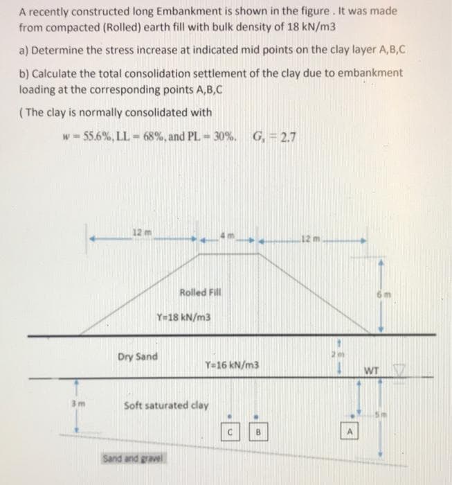 A recently constructed long Embankment is shown in the figure. It was made
from compacted (Rolled) earth fill with bulk density of 18 kN/m3
a) Determine the stress increase at indicated mid points on the clay layer A,B,C
b) Calculate the total consolidation settlement of the clay due to embankment
loading at the corresponding points A,B,C
(The clay is normally consolidated with
w = 55.6%, LL 68%, and PL.- 30%. G, = 2.7
12 m
12 m
Rolled Fill
Y-18 kN/m3
Dry Sand
Y=16 kN/m3
1.
WT V
3 m
Soft saturated clay
Sand and gravel
