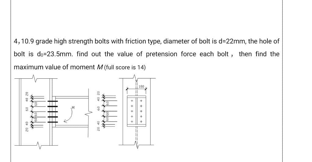 4,10.9 grade high strength bolts with friction type, diameter of bolt is d=22mm, the hole of
bolt is do=23.5mm. find out the value of pretension force each bolt, then find the
maximum value of moment M (full score is 14)
180
+
+
+
20 40
60 40 20
排
20 40
60 40 20
