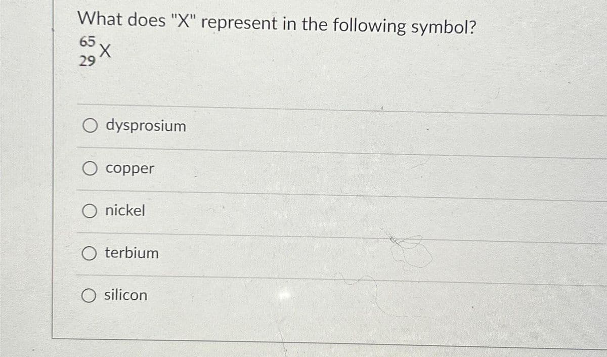 What does "X" represent in the following symbol?
65
29
X
O dysprosium
O copper
O nickel
O terbium
O silicon