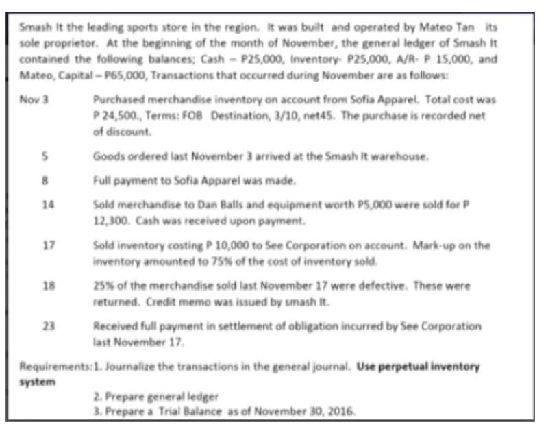 Smash It the leading sports store in the region. It was built and operated by Mateo Tan its
sole proprietor. At the beginning of the month of November, the general ledger of Smash It
contained the following balances; Cash - P25,000, Inventory- P25,000, A/R- P 15,000, and
Mateo, Capital- P65,000, Transactions that occurred during November are as follows:
Nov 3
Purchased merchandise inventory on account from Sofia Apparel. Total cost was
P 24,500., Terms: FOB Destination, 3/10, net45. The purchase is recorded net
of discount.
Goods ordered last November 3 arrived at the Smash It warehouse.
Full payment to Sofia Apparel was made.
14
Sold merchandise to Dan Balls and equipment worth P5,000 were sold for P
12,300. Cash was received upon payment.
17
Sold inventory costing P 10,000 to See Corporation on account. Mark-up on the
inventory amounted to 75% of the cost of inventory sold.
18
25% of the merchandise sold last November 17 were defective. These were
returned. Credit memo was issued by smash It.
Received full payment in settlement of obligation incurred by See Corporation
last November 17.
23
Requirements:1. Journalize the transactions in the general journal. Use perpetual inventory
system
2. Prepare general ledger
3. Prepare a Trial Balance as of November 30, 2016.

