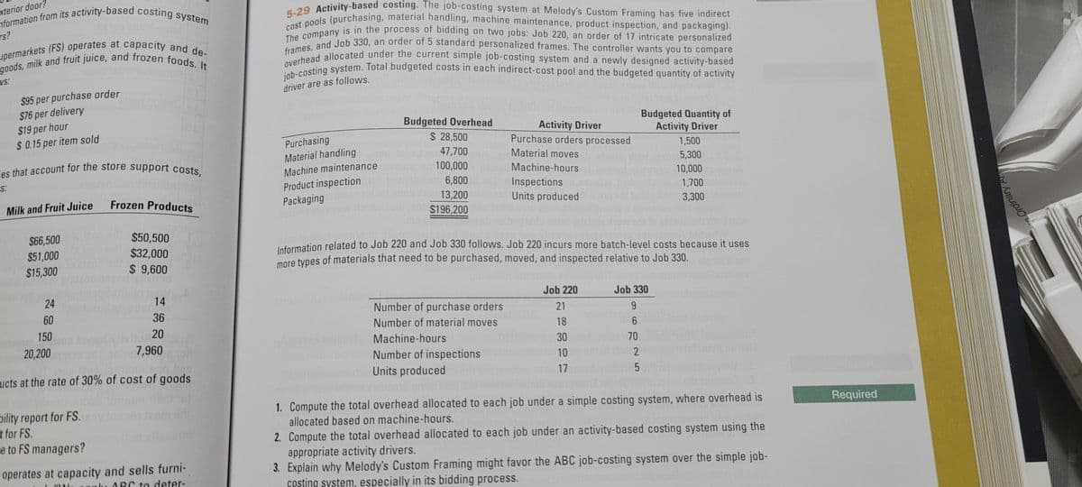 xterior door?
job-costing system. Total budgeted costs in each indirect-cost pool and the budgeted quantity of activity
The company is in the process of bidding on two jobs: Job 220, an order of 17 intricate personalized
overhead allocated under the current simple job-costing system and a newly designed activity-based
frames, and Job 330, an order of 5 standard personalized frames. The controller wants you to compare
5-29 Activity-based costing. The job-costing system at Melody's Custom Framing has five indirect
cost pools (purchasing, material handling, machine maintenance, product inspection, and packaging).
goods, milk and fruit juice, and frozen foods. It
upermarkets (FS) operates at capacity and de-
nformation from its activity-based costing system
Fes that account for the store support costs,
rs?
vs:
driver are as follows.
$95 per purchase order
$76 per delivery
$19 per hour
S 0.15 per item sold
Budgeted Quantity of
Activity Driver
TET
Budgeted Overhead
Activity Driver
Purchase orders processed
$ 28,500
Purchasing
Material handling
Machine maintenance
Product inspection
1,500
47,700
Material moves
5,300
100,000
Machine-hours
"s:
10,000
20 6,800
13,200 0
Inspections
Units produced
Vino
1,700
Milk and Fruit Juice
Frozen Products
Packaging
3,300
noue
$196,200
$66,500
$50,500
Information related to Job 220 and Job 330 follows. Job 220 incurs more batch-level costs because it uses
more types of materials that need to be purchased, moved, and inspected relative to Job 330.
$51,000
$32,000
$15,300
$ 9,600
24
14
Job 220
Job 330
60
36
Number of purchase orders
21
Number of material moves
18
150
20
Machine-hours
asto19
0012
20,200
7,960
30
70
Number of inspections
10
2
ucts at the rate of 30% of cost of goods
Units produced
17
1. Compute the total overhead allocated to each job under a simple costing system, where overhead is
Required
bility report for FS.
t for FS.
e to FS managers?
allocated based on machine-hours.
2. Compute the total overhead allocated to each job under an activity-based costing system using the
appropriate activity drivers.
3. Explain why Melody's Custom Framing might favor the ABC job-costing system over the simple job-
çosting system, especially in its bidding process.
operates at capacity and sells furni-
u ABC to deter-
- Ordinary
