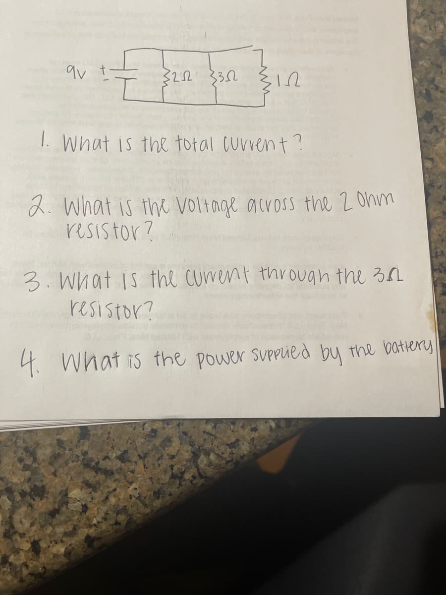 av
322 3352
1. What is the total Current?
2. What is the VOltage across the 2 onm
resistor?
3. What is the curent through the 3n
resistor?
4. What is the power suppued by the batiery
