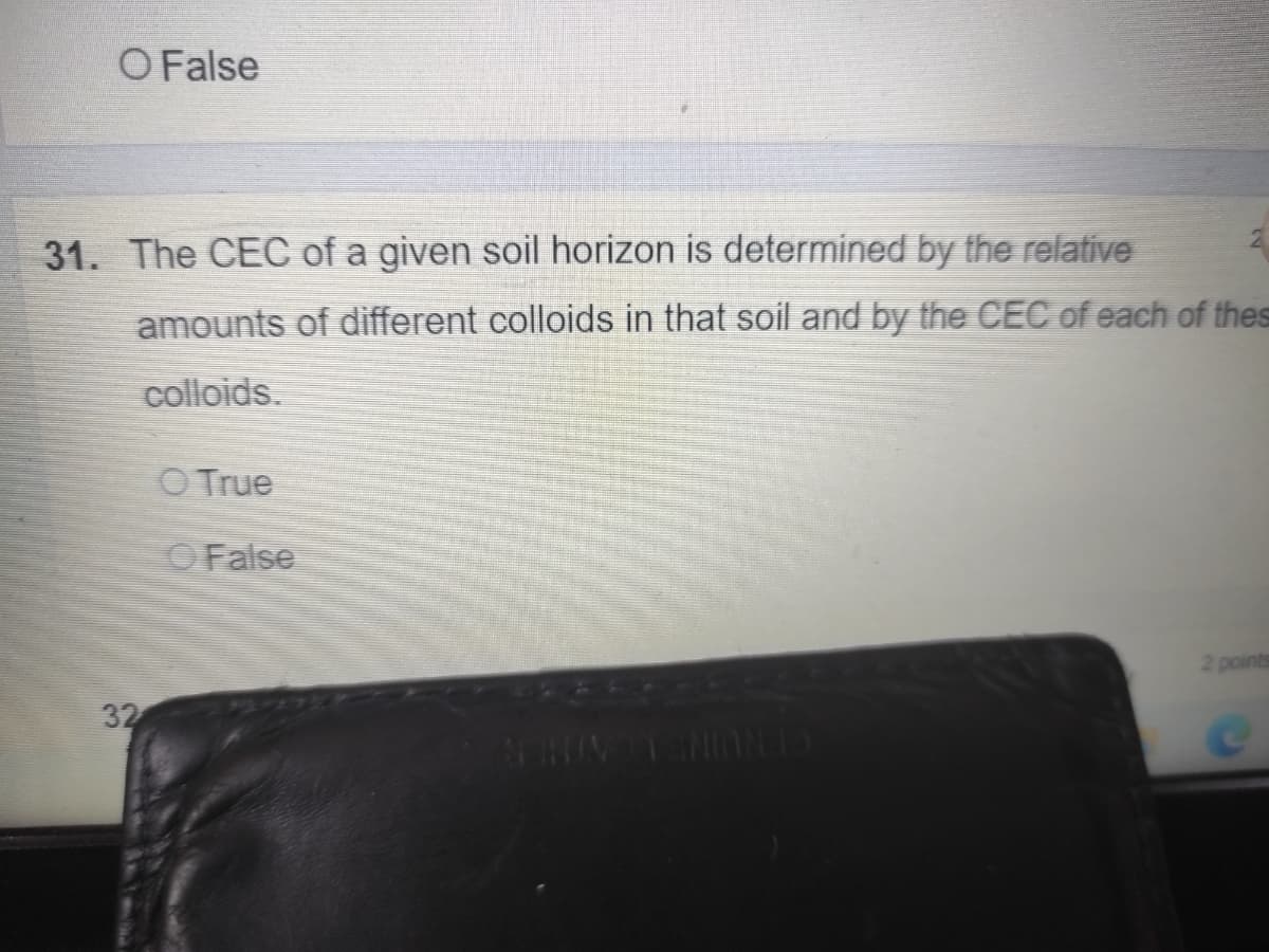 O False
31. The CEC of a given soil horizon is determined by the relative
amounts of different colloids in that soil and by the CEC of each of thes
colloids.
O True
OFalse
2 points
32
CENUINE LATHER

