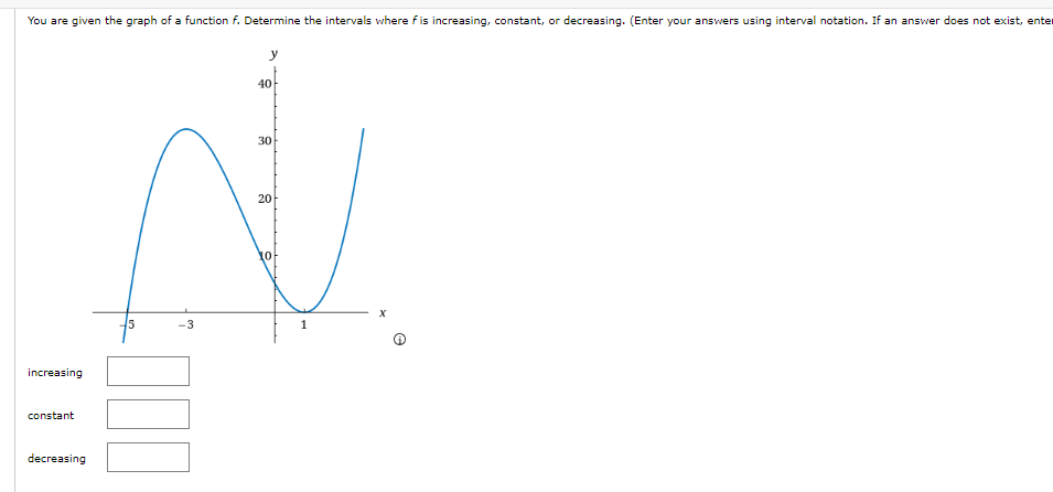 You are given the graph of a function f. Determine the intervals where fis increasing, constant, or decreasing. (Enter your answers using interval notation. If an answer does not exist, enter
increasing
constant
decreasing
+
15
-3
y
40
30
20
X