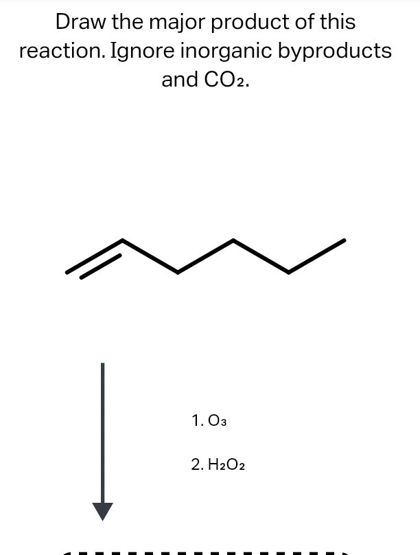 Draw the major product of this
reaction. Ignore inorganic byproducts
and CO2.
1. O3
2. H2O2
